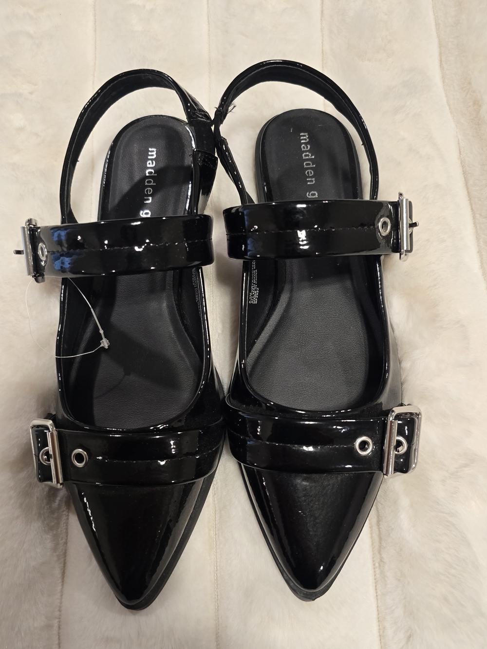 Madden Girl Black Patent Pointed-Toe Buckle Slingbacks